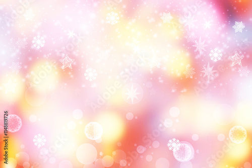 A festive abstract delicate gold yellow red orange background texture with defocused bokeh circles and stars. Card concept for Happy New Year, party invitation, valentine or other holidays.