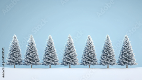 Row of snow-covered pine trees in a serene winter landscape.