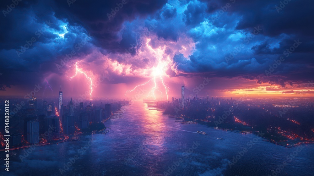 Obraz premium Dramatic lightning storm over a city at sunset.