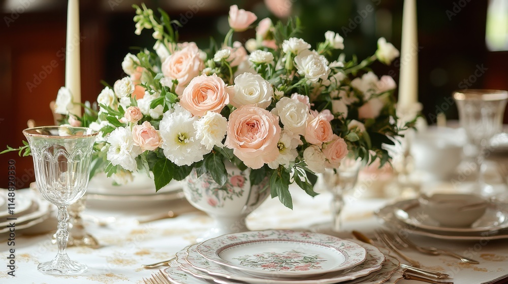 Elegant table setting adorned with fresh blooms, creating an inviting atmosphere for a gathering. Elegant table setting adorned with fresh blooms, creating an inviting atmosphere for a gathering.