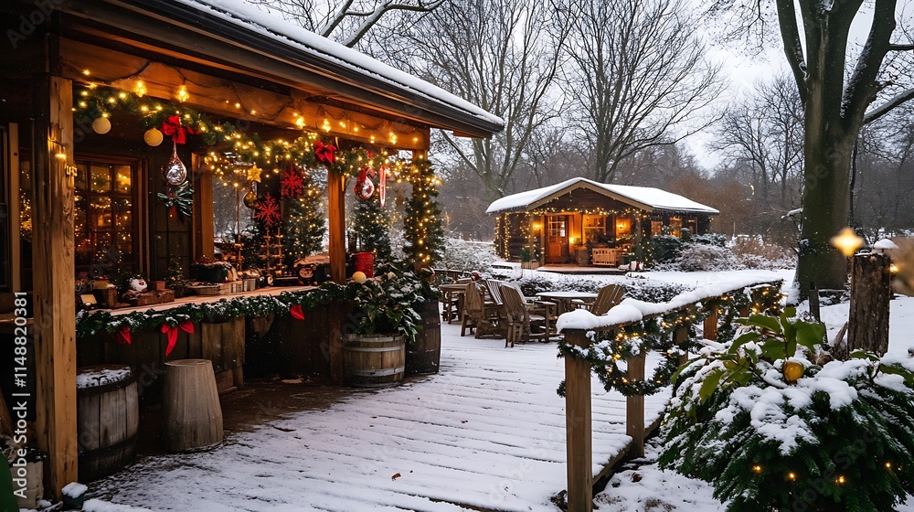 Naklejka premium Festive Wooden Cabins Decorated with Christmas Lights and Snow