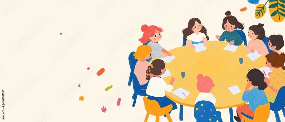 illustration of Diverse group of people gathered around a round table for discussion. illustration of Diverse group of people gathered around a round table for discussion.