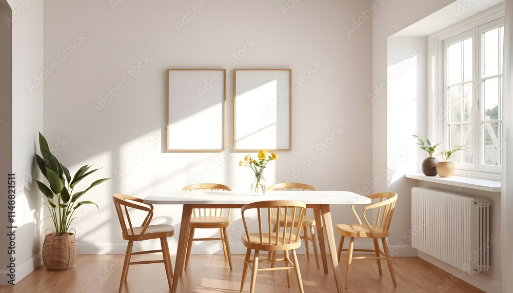 minimalist dining room interior with geometric art poster frame mockup, clean wooden furniture, soft lighting and modern aesthetic, minimalistic home decor design minimalist dining room interior with geometric art poster frame mockup, clean wooden furniture, soft lighting and modern aesthetic, minimalistic home decor design