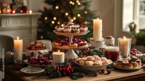 Wallpaper Mural Festive table set with delicious treats and warm beverages, surrounded by candles. Torontodigital.ca