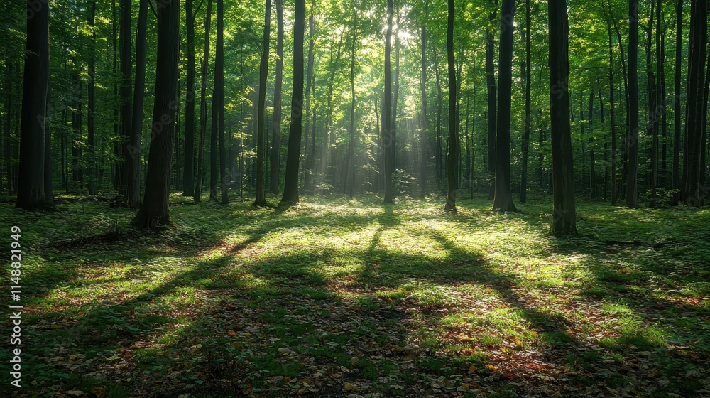 Fototapeta premium Forest glade with scattered leaves