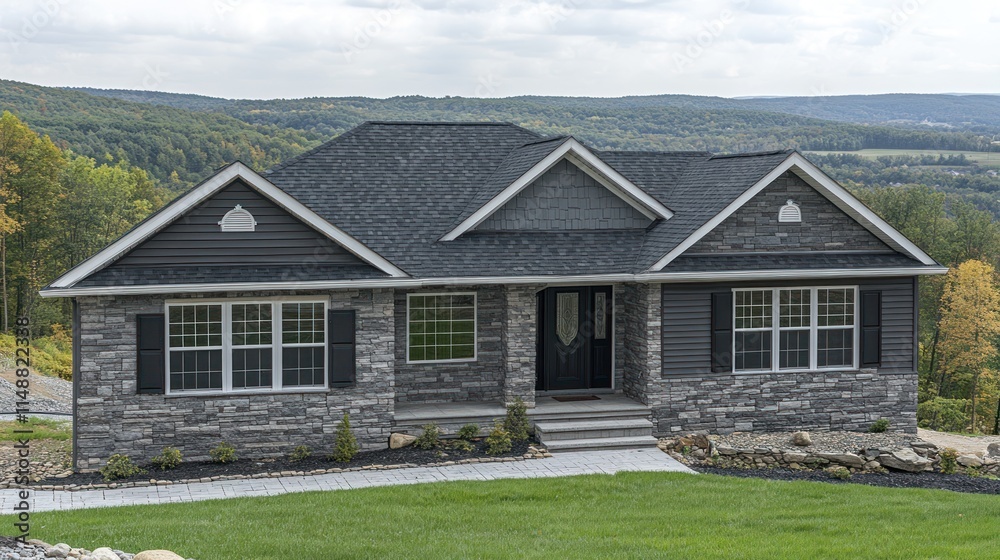 Modern house with stone and vinyl siding exterior, nestled in a scenic autumn landscape. Modern house with stone and vinyl siding exterior, nestled in a scenic autumn landscape.