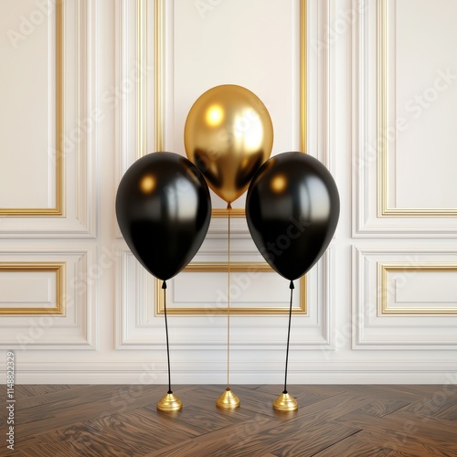 Three balloons - two black and one gold - stand together against a classic white and gold wall, creating an elegant celebration vibe.
