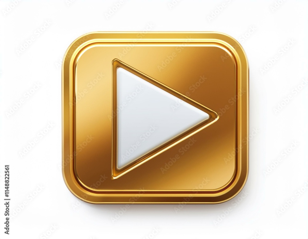 golden shiny 3d YouTube logo play button golden square white triangle yt social media icon front view isolated on white golden shiny 3d YouTube logo play button golden square white triangle yt social media icon front view isolated on white