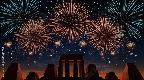 A stunning display of fireworks illuminates the night sky above ancient pillars, creating a festive and vibrant atmosphere.