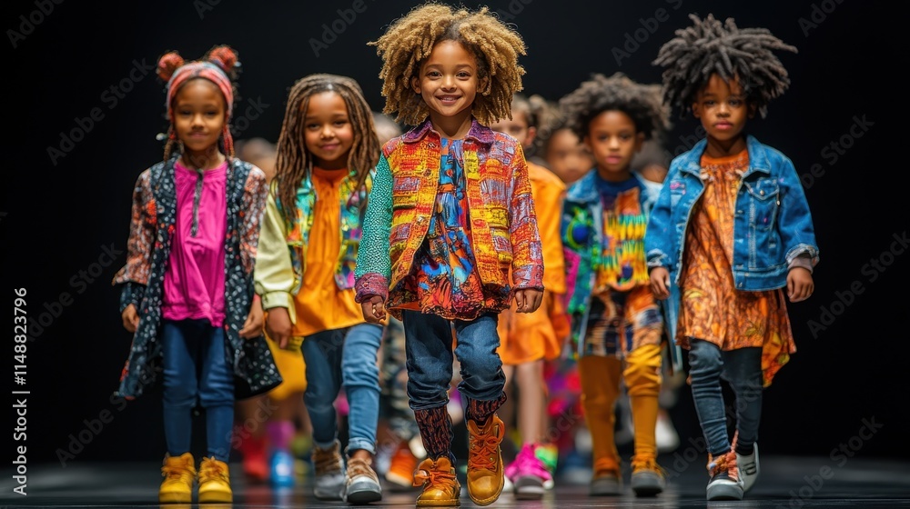 Group of children confidently strutting down a mini runway, wearing vibrant and trendy styles. Group of children confidently strutting down a mini runway, wearing vibrant and trendy styles.