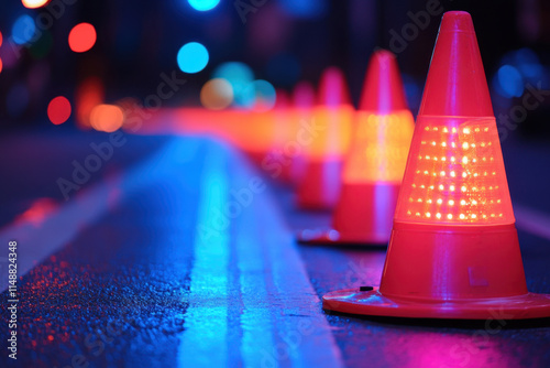 Traffic cone, Vibrant traffic cones illuminated at night create a striking visual along a dimly lit street, enhancing urban safety and awareness.