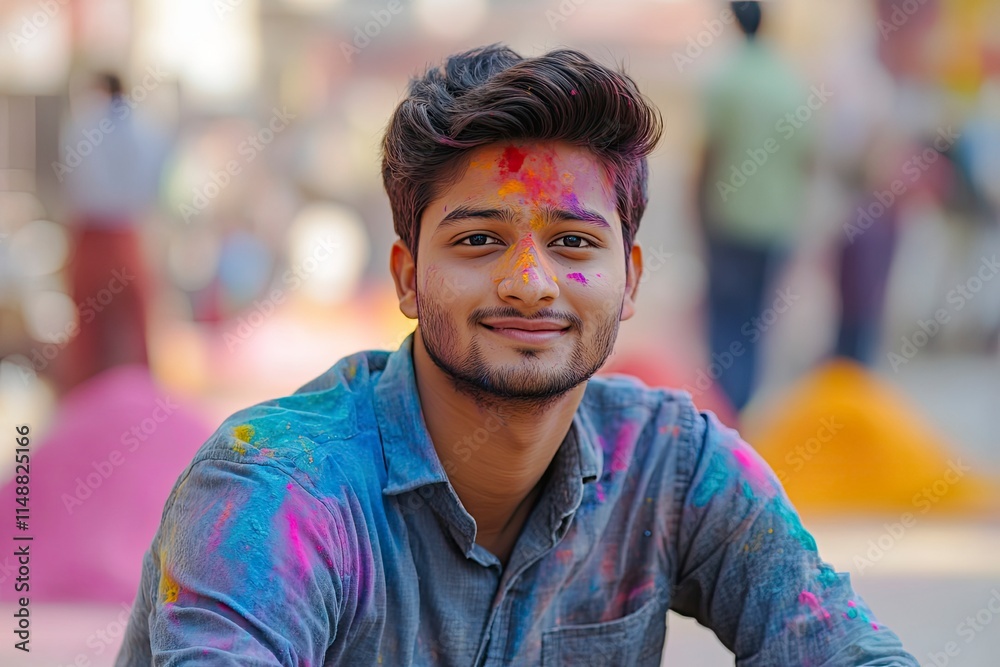 A YOUNG MAN SITTING AROUND HOLI COLOURS LOOKING AT CAMERA AND SMILING A YOUNG MAN SITTING AROUND HOLI COLOURS LOOKING AT CAMERA AND SMILING