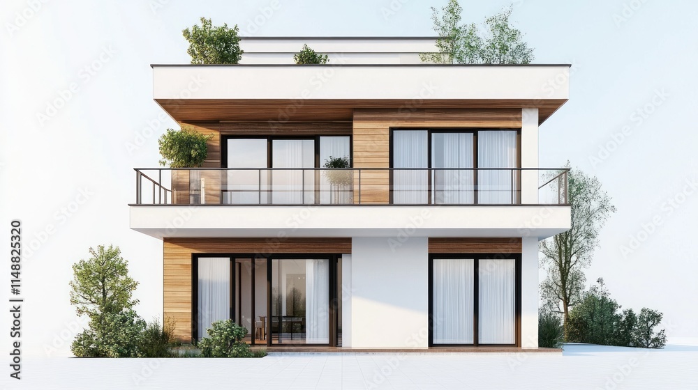 Modern Two-Story House with Balcony and Green Plants Modern Two-Story House with Balcony and Green Plants