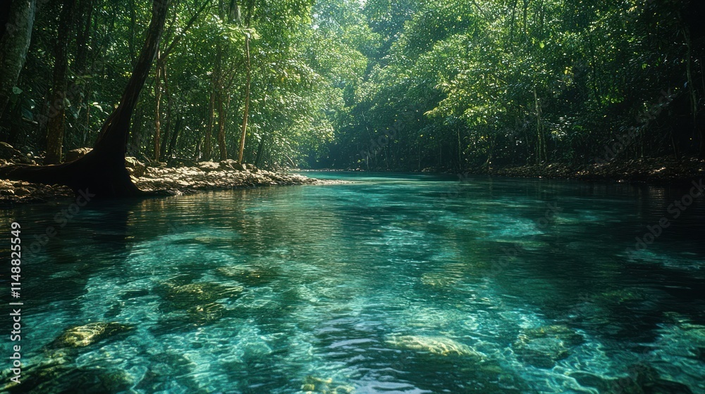 Naklejka premium A serene river surrounded by lush greenery, showcasing clear waters and natural beauty.