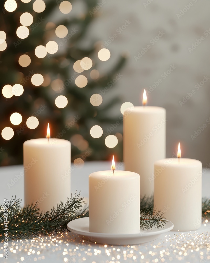 Four lit white candles surrounded by greenery, delicately glowing against a softly blurred background of festive lights. Four lit white candles surrounded by greenery, delicately glowing against a softly blurred background of festive lights.