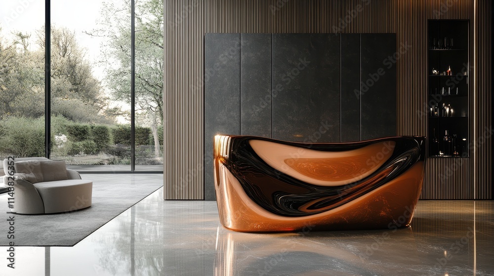 High-gloss podium with reflective surfaces, creating a sense of glamour and luxury. High-gloss podium with reflective surfaces, creating a sense of glamour and luxury.