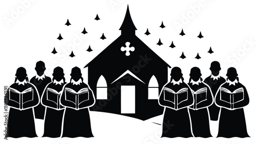 silhouette of a Christmas choir singing in front of a snow-covered church