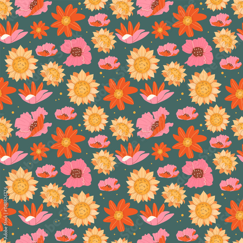 Floral seamless pattern with daisies, sunflowers, poppies on a dark background