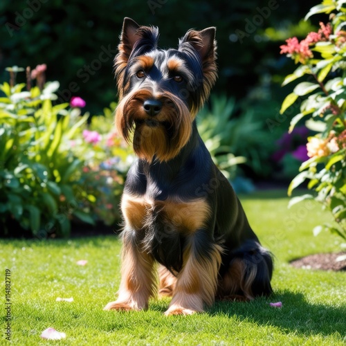 A Scottish Terrier standing proudly in a garden, with its wiry black coat shining