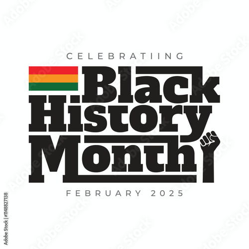 Black History Month banner, poster, template with flag and fist hand icon on white background. Black history month logo, sticker, label, tag for Africa American national holiday in USA and Canada.