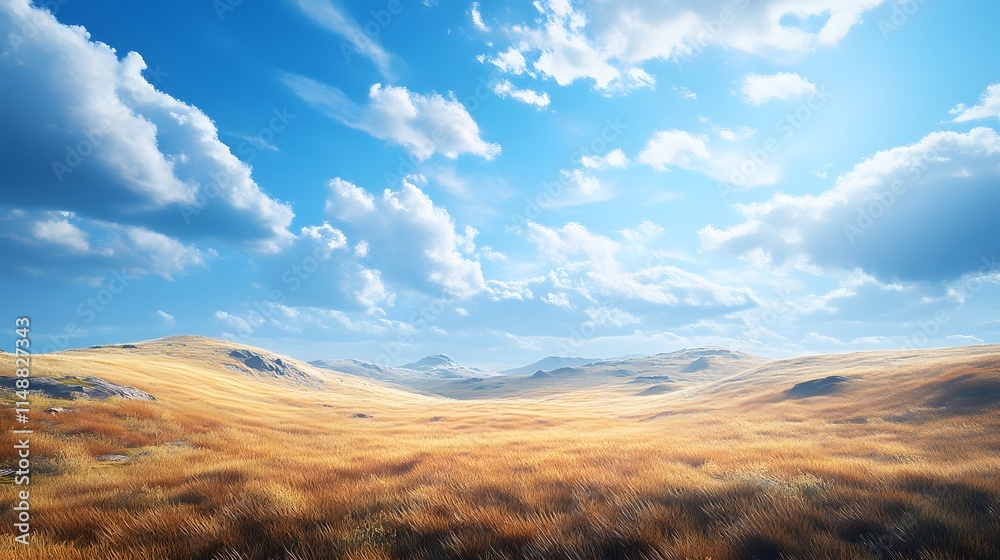 Vast golden grasslands under a bright blue sky with fluffy white clouds. Vast golden grasslands under a bright blue sky with fluffy white clouds.