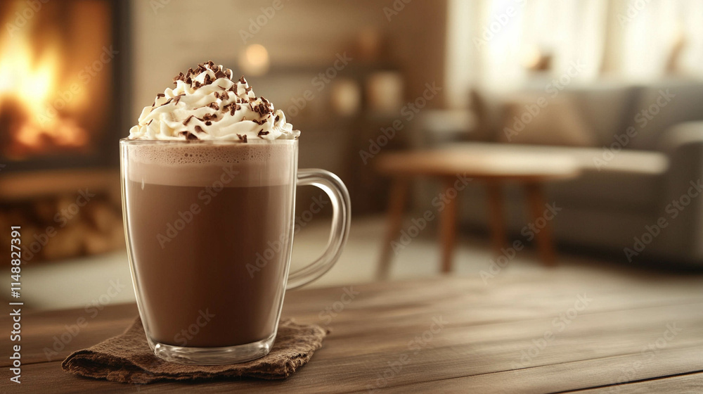 Delicious hot chocolate with cream in front of a cozy fireplace with a blurred living room in light-tone colors Delicious hot chocolate with cream in front of a cozy fireplace with a blurred living room in light-tone colors