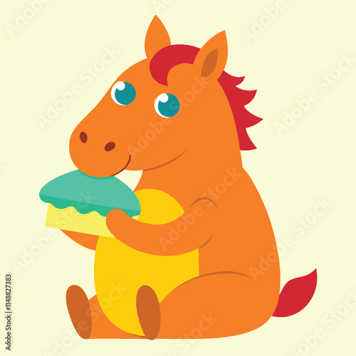 A cute cartoon vector illustration shows a funny orange squirrel rodent with a bushy tail and nut on a wild nature branch