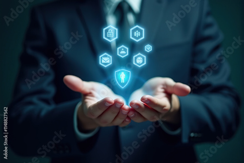 A conceptual hand holding a glowing device with creative holographic icons