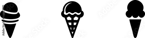 Silhouette of Three minimalist black ice cream cone icons on a light background, showcasing different styles of ice cream.