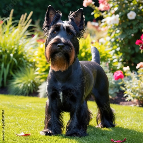 A Scottish Terrier standing proudly in a garden, with its wiry black coat shining