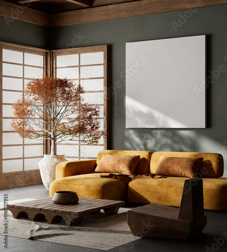 Japanese style interior design with wooden furnitures and raw materials. Mocuk up poster frame in  Japandi style interior. 3D illustration photo