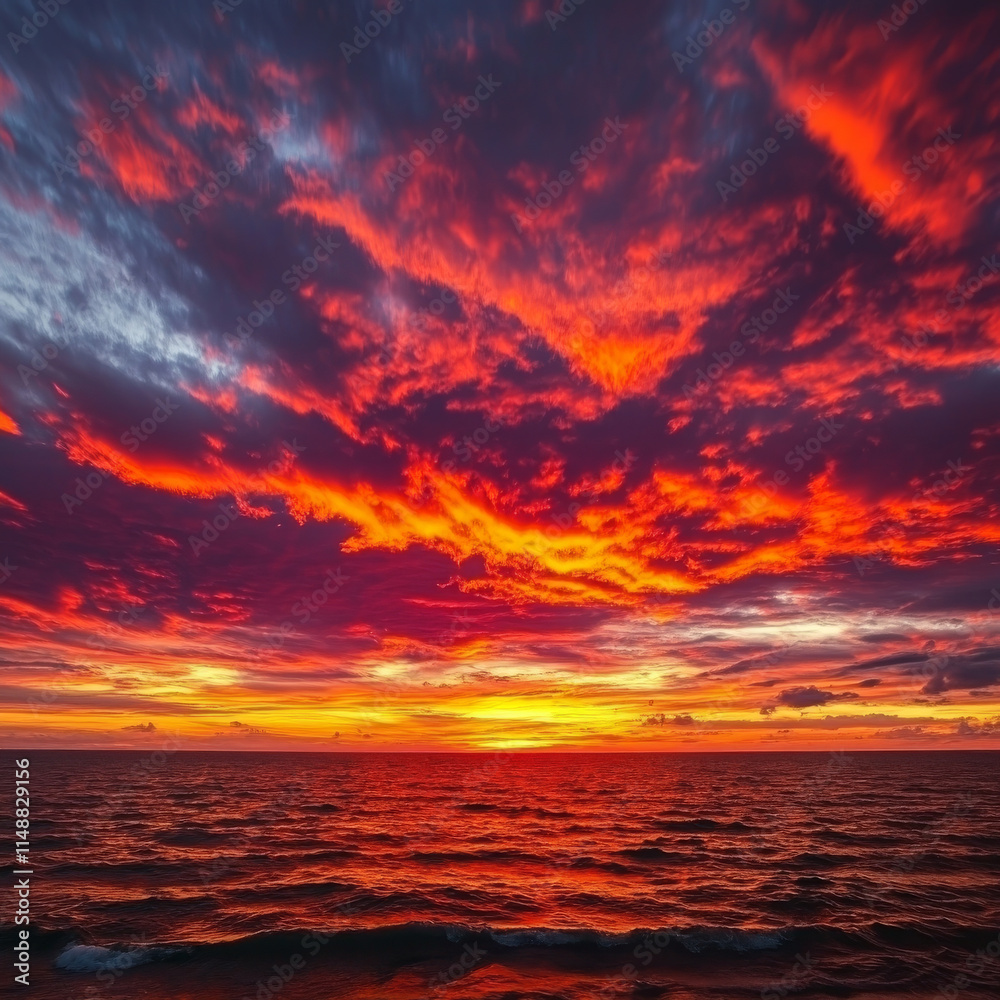 dynamic fiery sunset over ocean, with vibrant red and orange clouds reflecting on water surface dynamic fiery sunset over ocean, with vibrant red and orange clouds reflecting on water surface