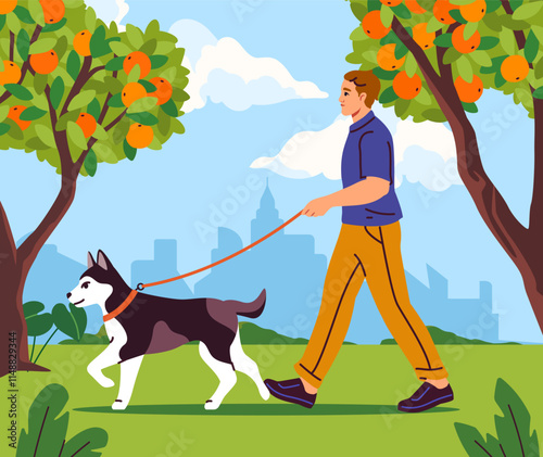 Vector illustration of a man walking a husky dog in a park surrounded by fruit trees. The city skyline is visible in the background under a bright blue sky with clouds. Vibrant and cheerful scene