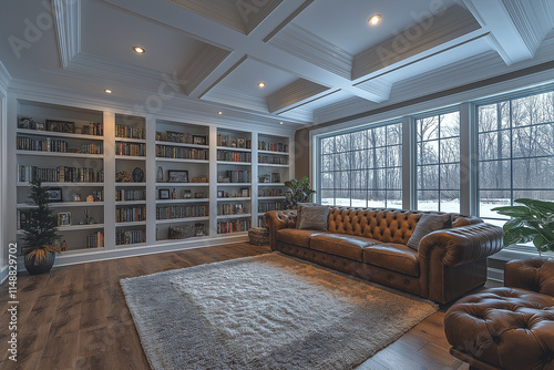 Salle de Séjour Élégante avec Bibliothèque Intégrée, Canapé en Cuir, Tapis Moelleux et Éclairage Doux, Ambiance Confortable et Sophistiquée photo