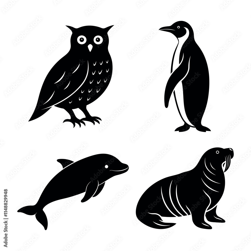 Naklejka premium Set of Snow Wild Animal Silhouette Vector Illustration 2