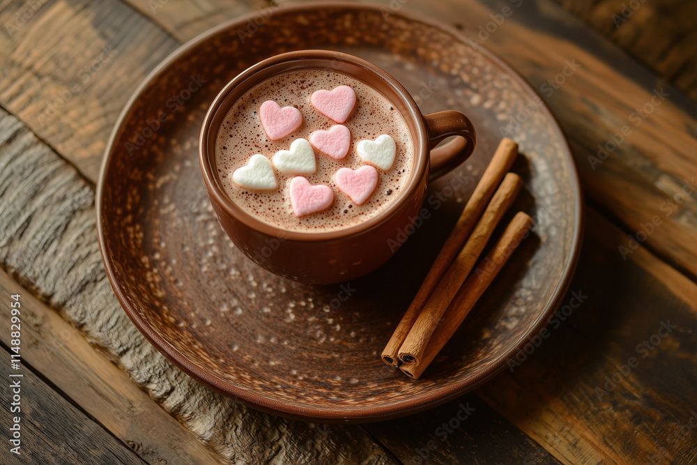 Top down view of a cup of hot chocolate topped with heart-shaped marshmallows, served on a brown plate with a bundle of cinnamon sticks beside it, creating a cozy and inviting scene Top down view of a cup of hot chocolate topped with heart-shaped marshmallows, served on a brown plate with a bundle of cinnamon sticks beside it, creating a cozy and inviting scene