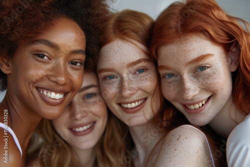 Four diverse women smiling together in close up portrait.