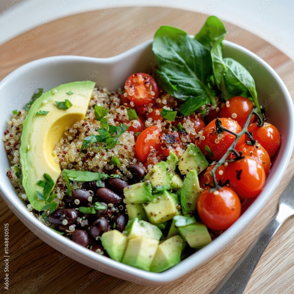 Heart-shaped quinoa and black bean salad with avocado cherry tomatoes natural light wooden table earthy vibes Heart-shaped quinoa and black bean salad with avocado cherry tomatoes natural light wooden table earthy vibes
