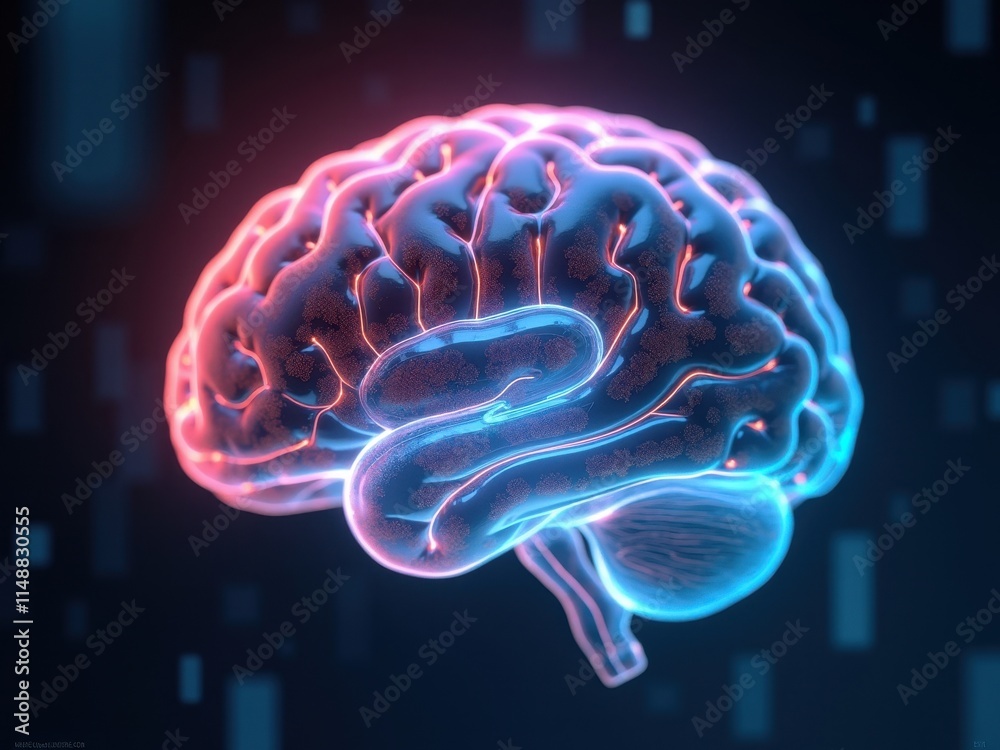 Digital representation of a human brain illuminated in vibrant colors and intricate details Digital representation of a human brain illuminated in vibrant colors and intricate details