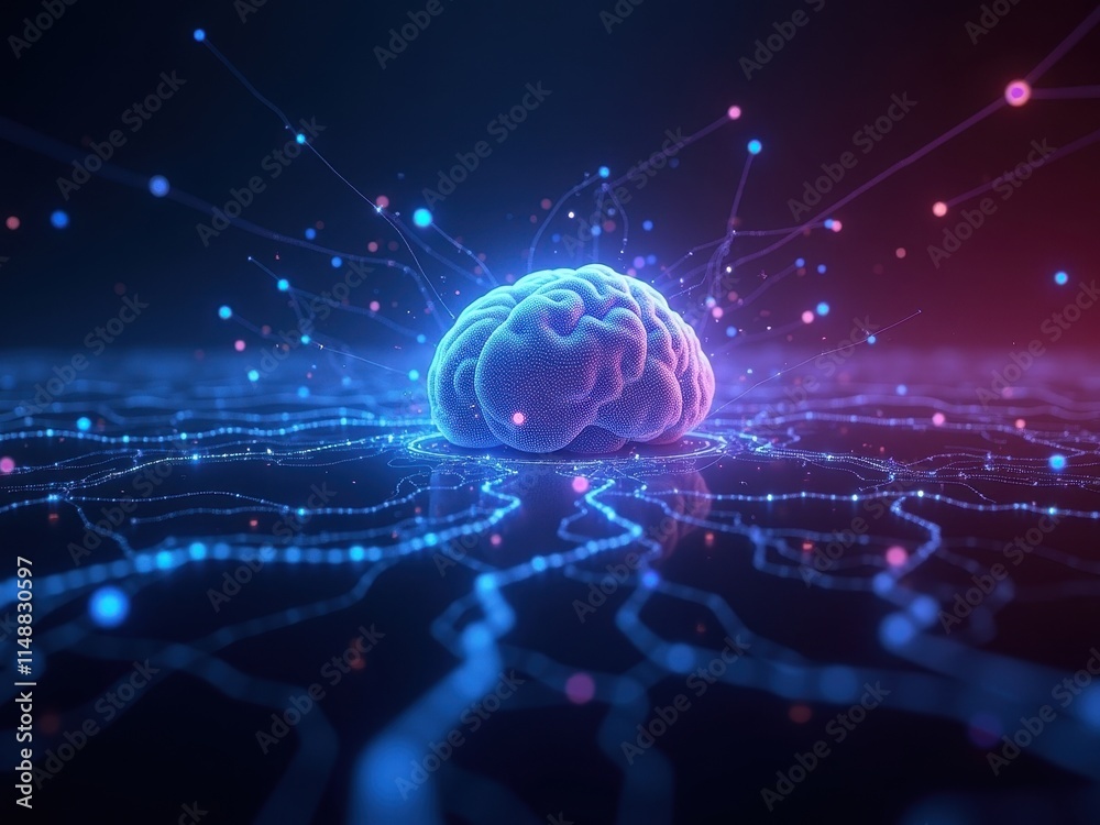 Digital representation of a brain with neural connections in glowing colors
