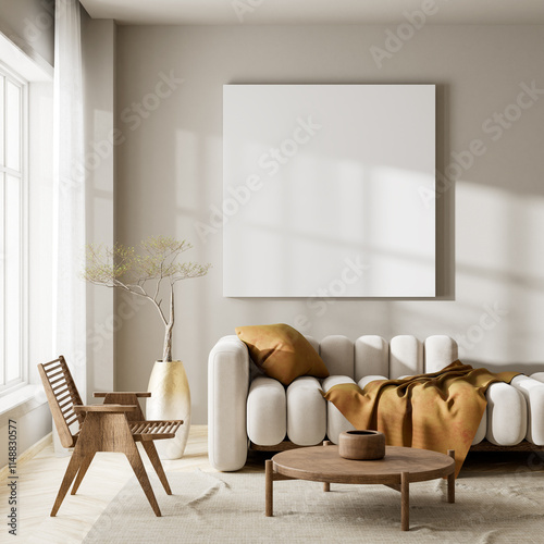 Japanese style interior design with wooden furnitures and raw materials. Mocuk up poster frame in  Japandi style interior. 3D illustration photo