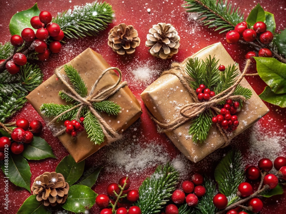 Christmas Gift Photography: Red Background Holly Pine Cones Festive Season Presents Holiday Decorations