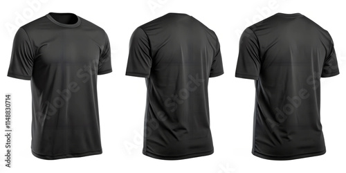 Three views of a plain black t-shirt on a transparent background. Front, back, and slightly angled back view. Ideal for apparel mockups, fashion catalogs, online stores, and design presentations.
