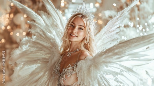 Obraz na płótnie model with large feathered wings. Her radiant smile and flowing blonde hair, white and BEIGE airy fairy tale bac w salonie