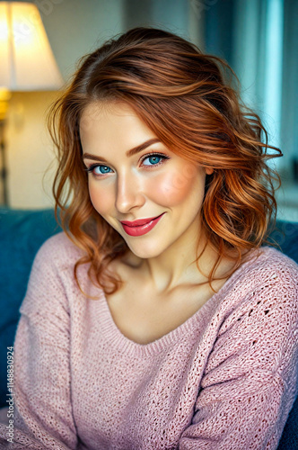 Portrait of a pretty redhair woamn with pink sweater
