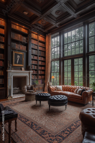 Salle de Séjour Élégante avec Bibliothèque Intégrée, Canapé en Cuir, Tapis Moelleux et Éclairage Doux, Ambiance Confortable et Sophistiquée photo