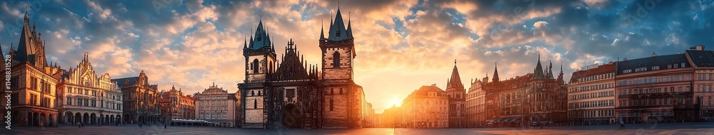 Fantastic view of the town Hall and Temple of Our Lady before Tyn in sunlight at dawn Fantastic view of the town Hall and Temple of Our Lady before Tyn in sunlight at dawn
