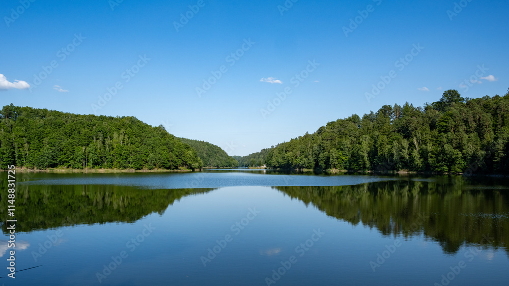 Tranquil Forest Lake: Serene Waters Reflecting Dense Greenery Under a Clear Blue Sky, Capturing the Peaceful and Picturesque Natural Beauty of the Pristine, Lush Wilderness Tranquil Forest Lake: Serene Waters Reflecting Dense Greenery Under a Clear Blue Sky, Capturing the Peaceful and Picturesque Natural Beauty of the Pristine, Lush Wilderness
