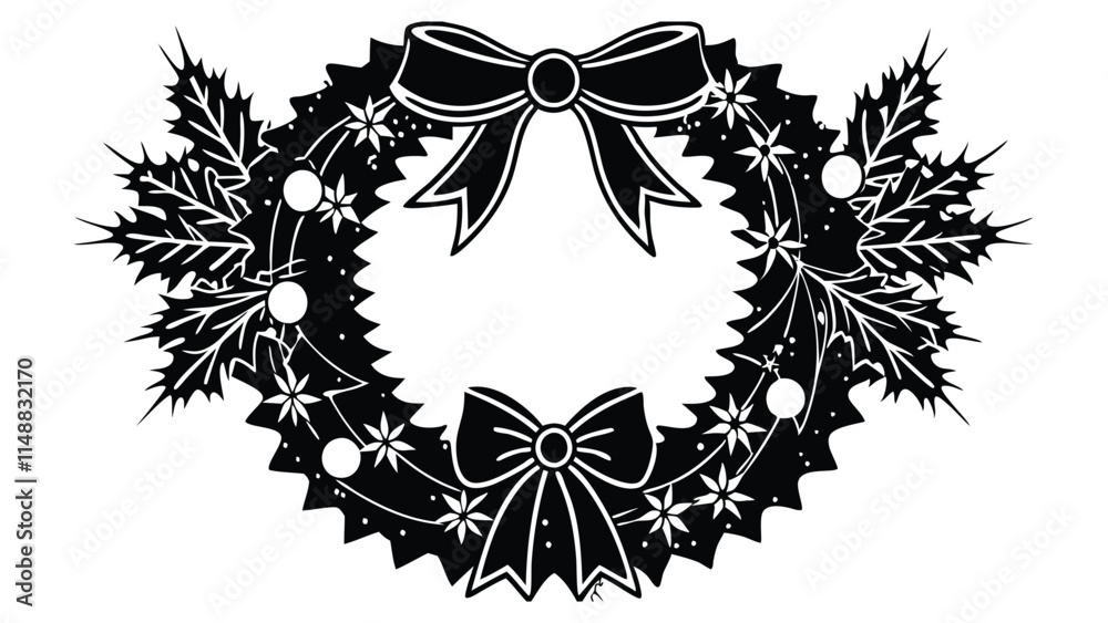 Fototapeta premium silhouette of a large Christmas wreath hanging on a front door