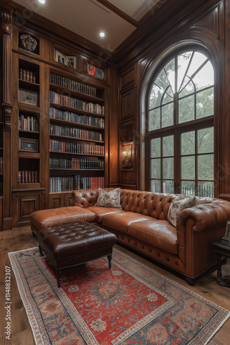 Salle de Séjour Élégante avec Bibliothèque Intégrée, Canapé en Cuir, Tapis Moelleux et Éclairage Doux, Ambiance Confortable et Sophistiquée photo